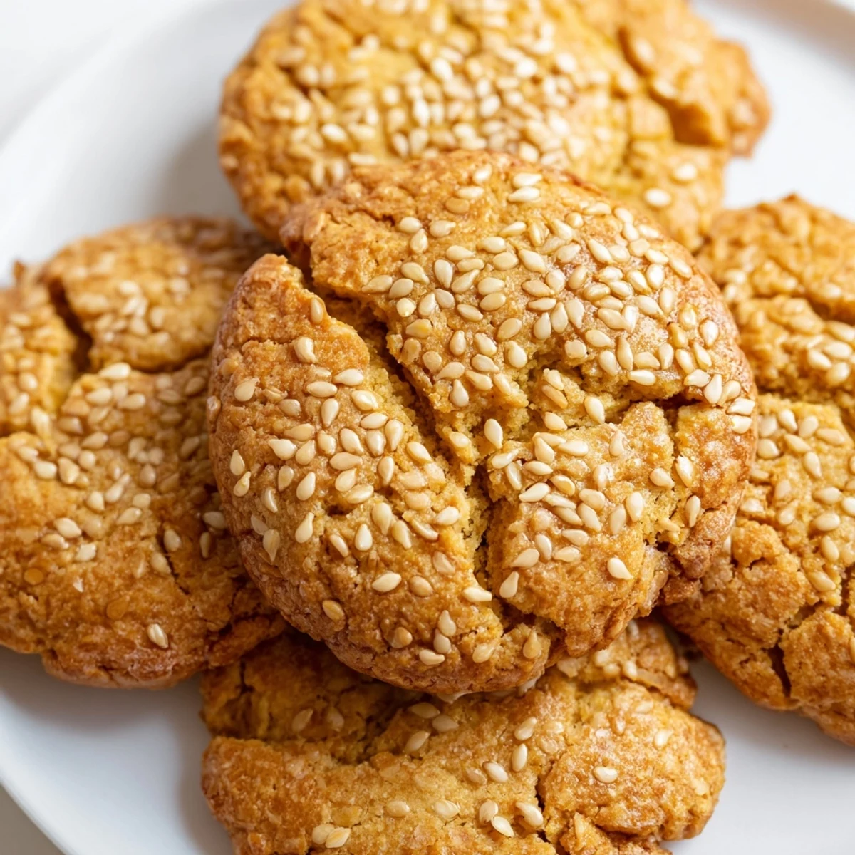 Golden brown easy chewy sesame honey cookies sprinkled with toasted seeds on a white plate