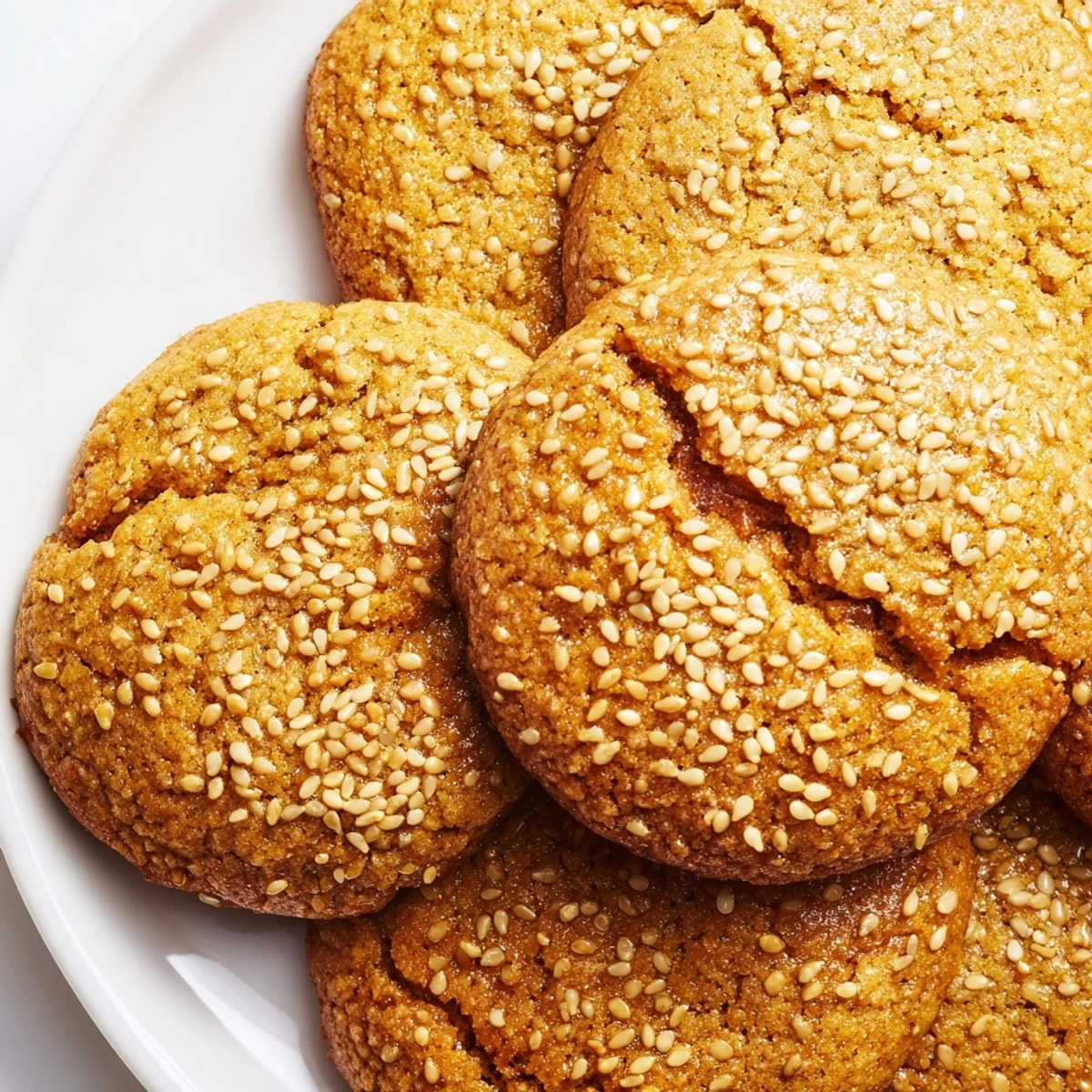 Soft batch of easy chewy sesame honey cookies with glossy honey glaze and sesame topping