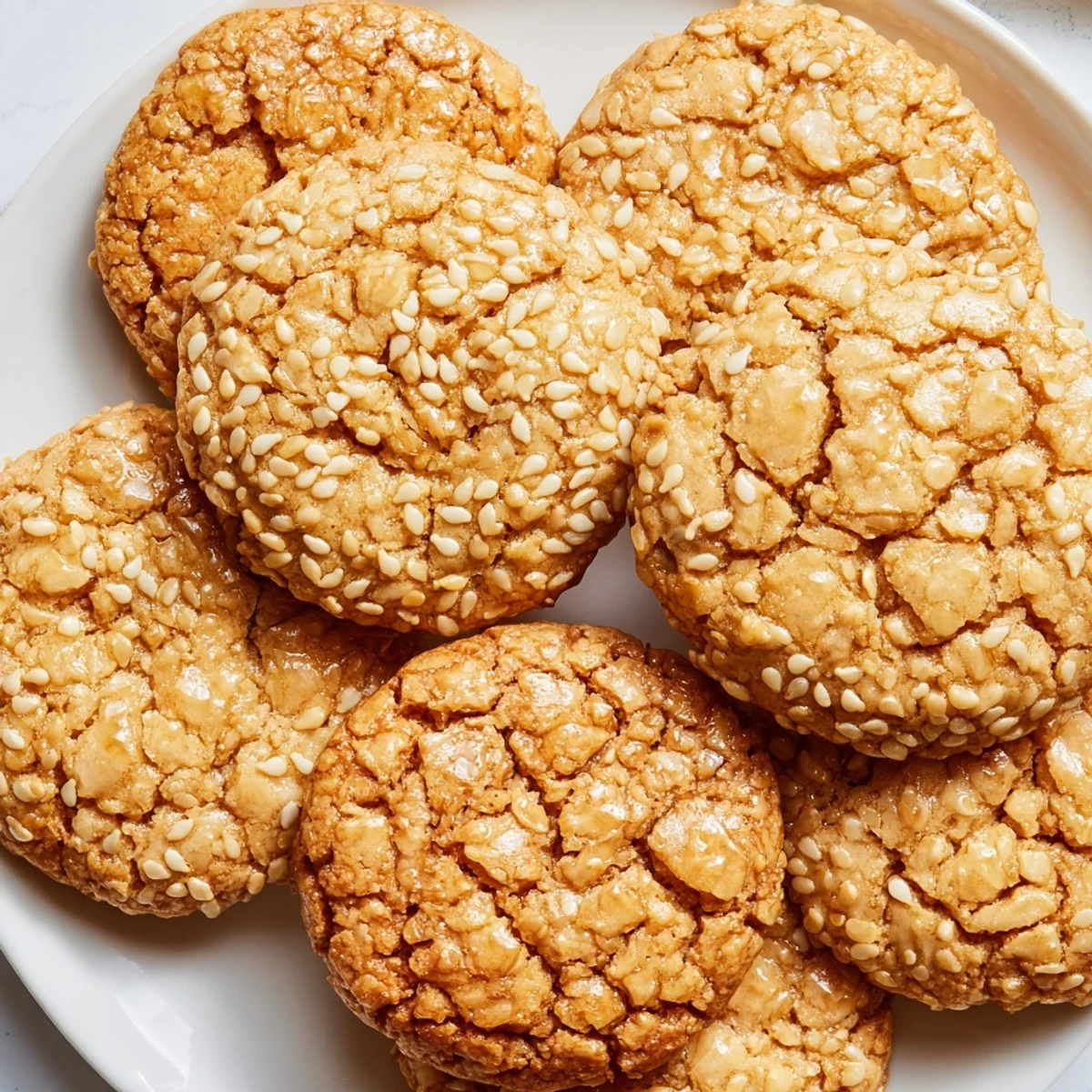 Stack of easy chewy sesame honey cookies featuring cracked edges and nutty sesame coating