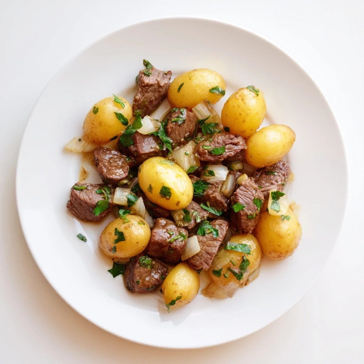 Tender slow cooker garlic butter steak bites with golden baby potatoes in rich sauce