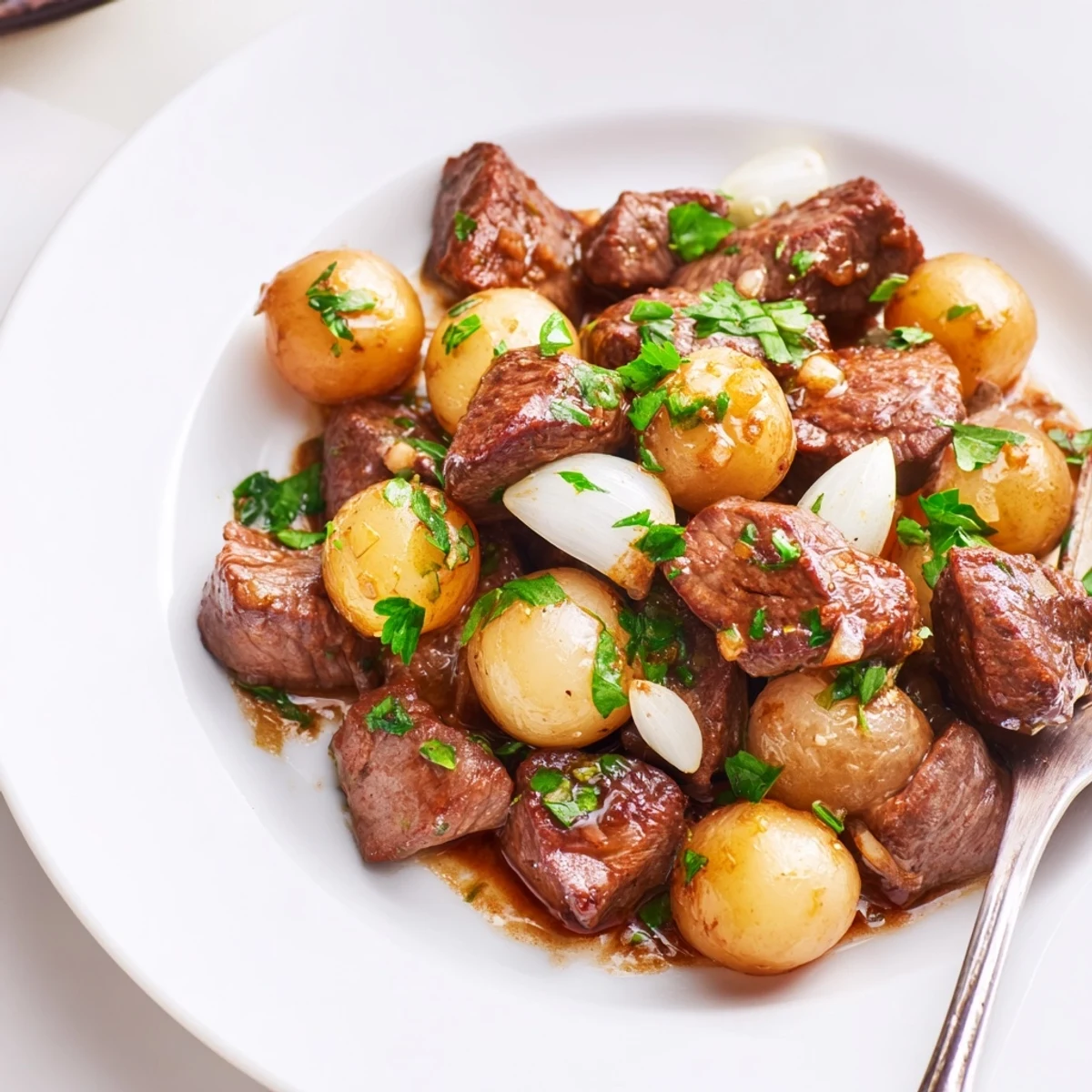 Golden steak bites and baby potatoes simmered in garlic butter sauce with fresh parsley