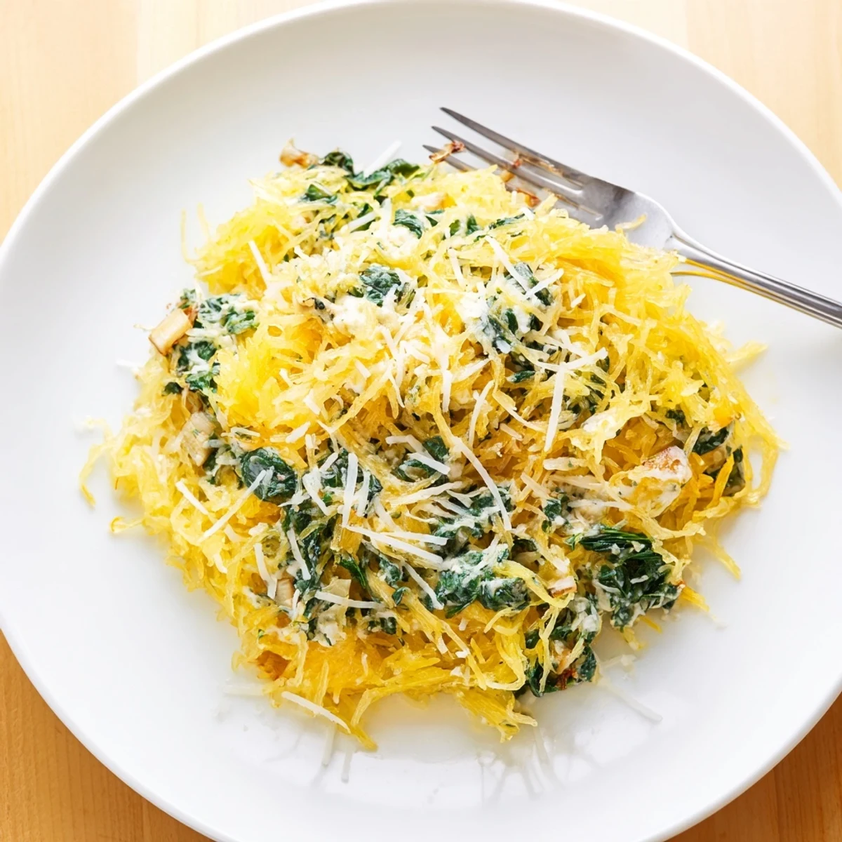 Creamy Boursin spaghetti squash with tender strands coated in melted herb cheese and wilted spinach