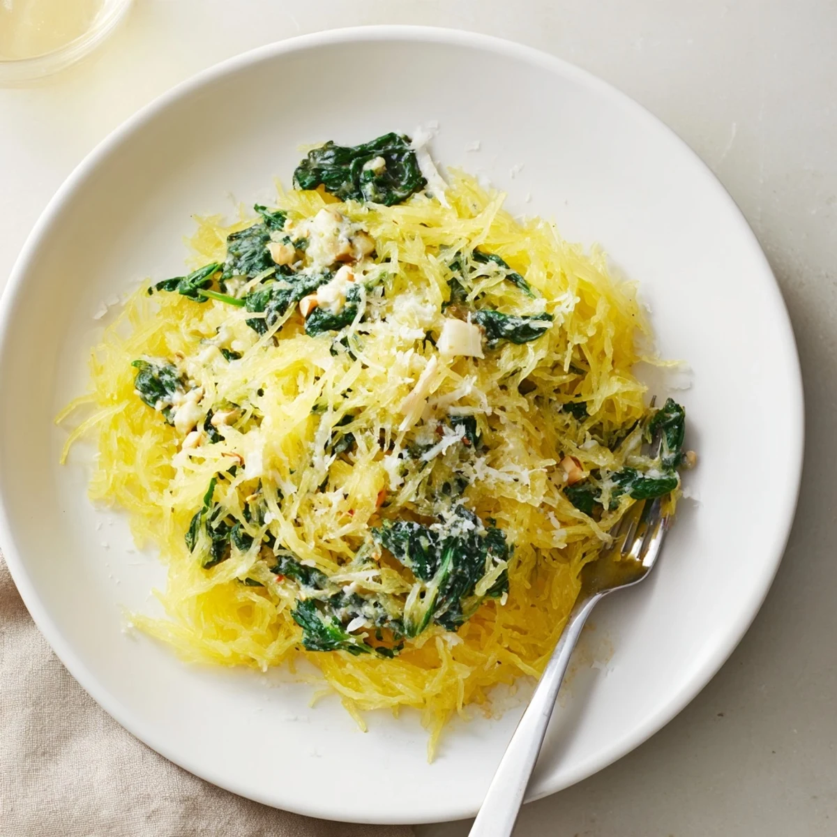 Golden baked Boursin spaghetti squash tossed with savory garlic shallots and fresh baby spinach