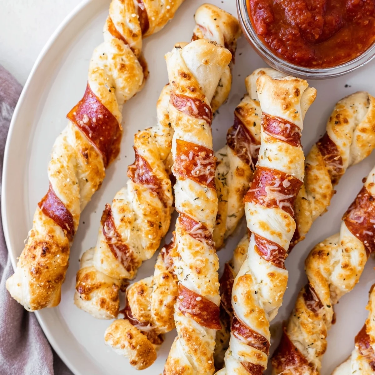 Golden candy cane pizza breadsticks topped with melted mozzarella and pepperoni on a white baking sheet