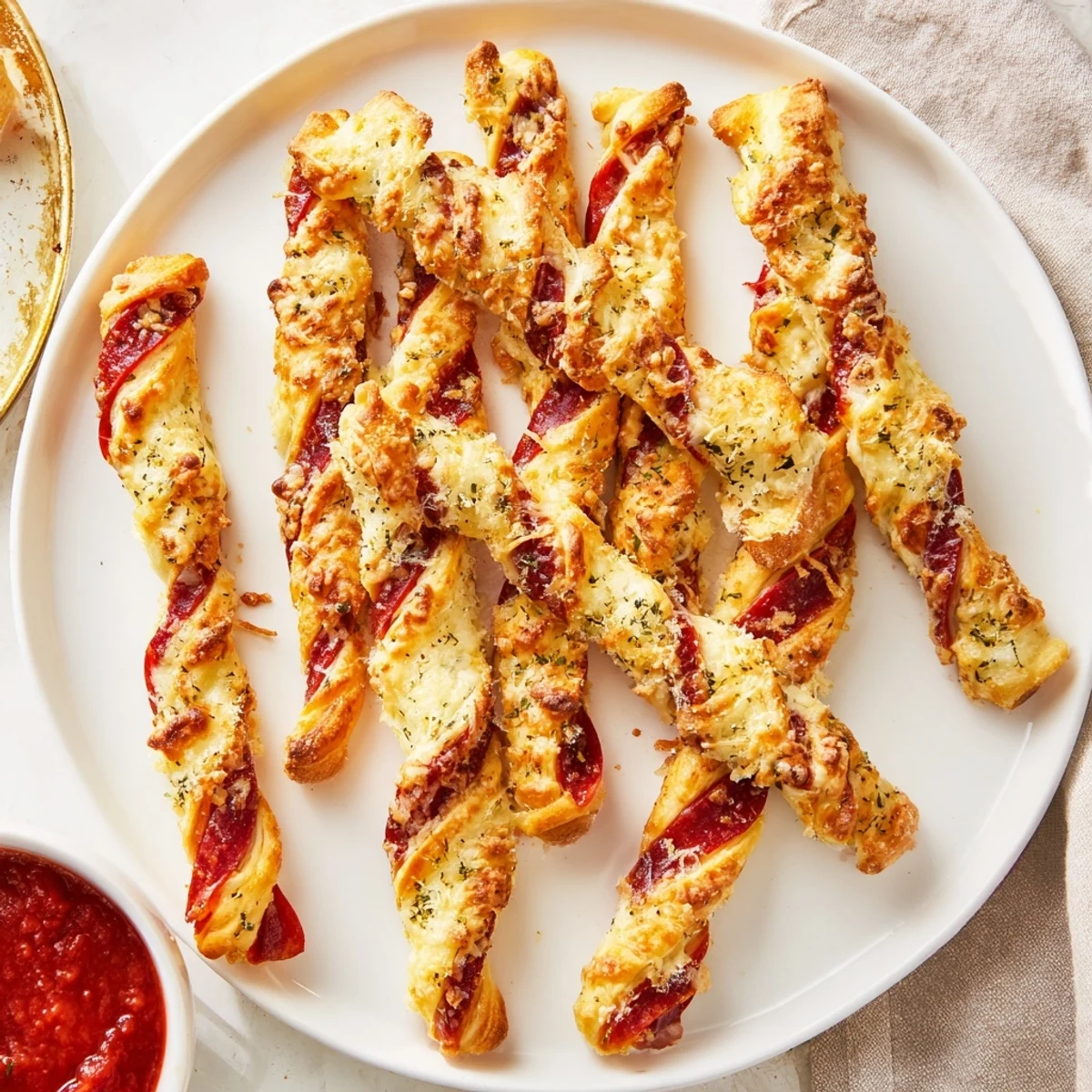 Festive twisted breadsticks shaped like candy canes brushed with garlic butter and sprinkled with herbs