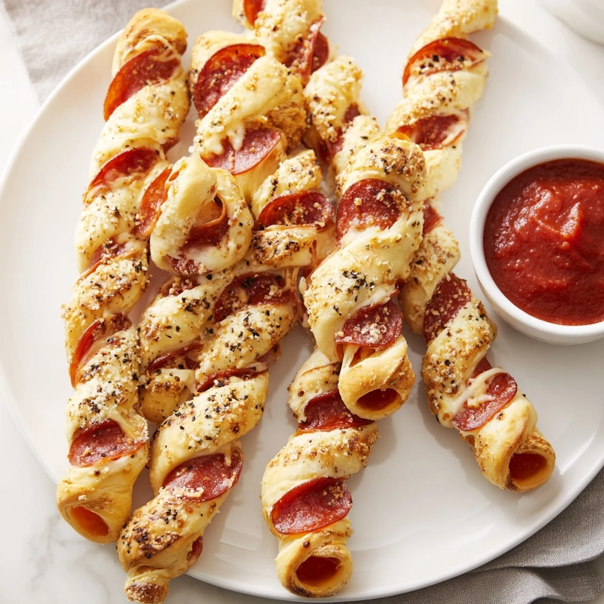 Soft holiday pizza dough sticks curled into candy canes with bubbly cheese and red pepperoni stripes