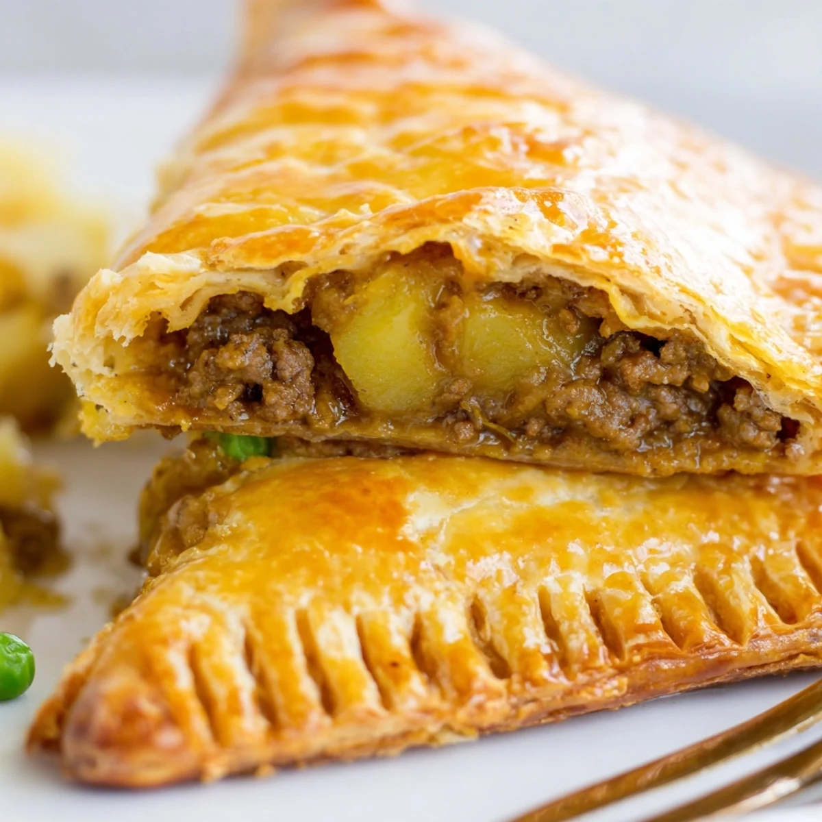 Handheld curry puffs with beef pastry triangles stuffed with tender potato beef curry mixture