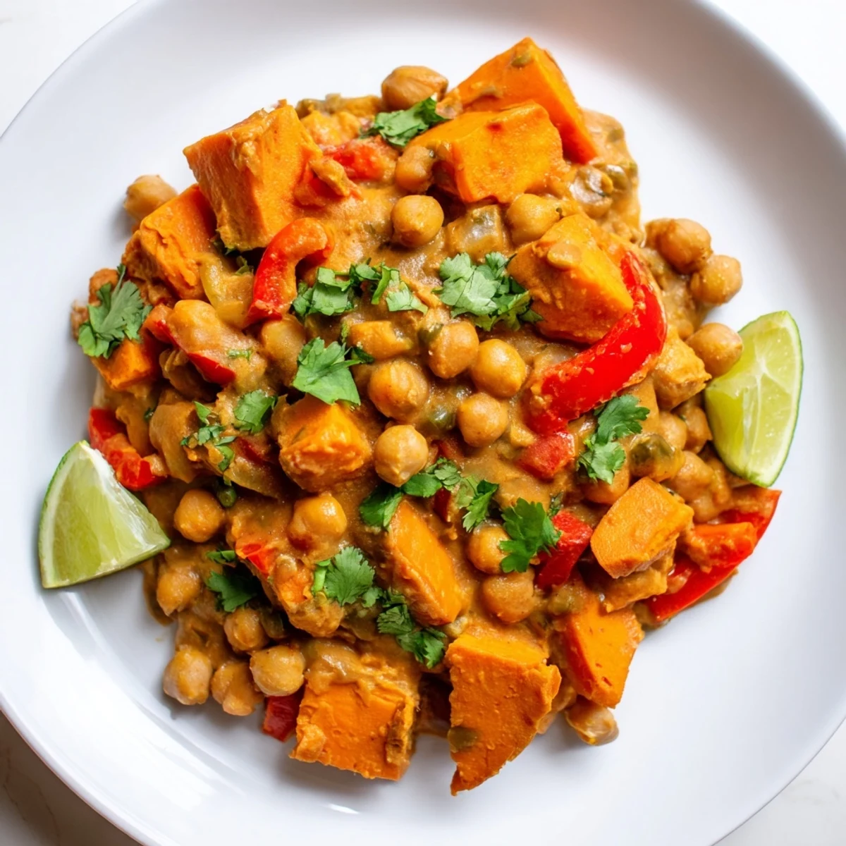 Creamy chickpea and sweet potato curry in a bowl topped with fresh cilantro