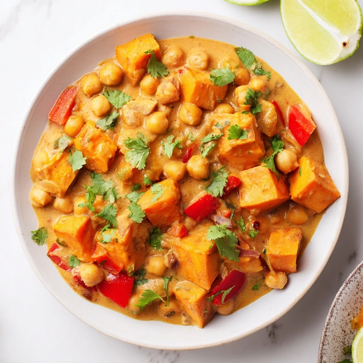 Hearty chickpea and sweet potato curry served over fluffy white basmati rice