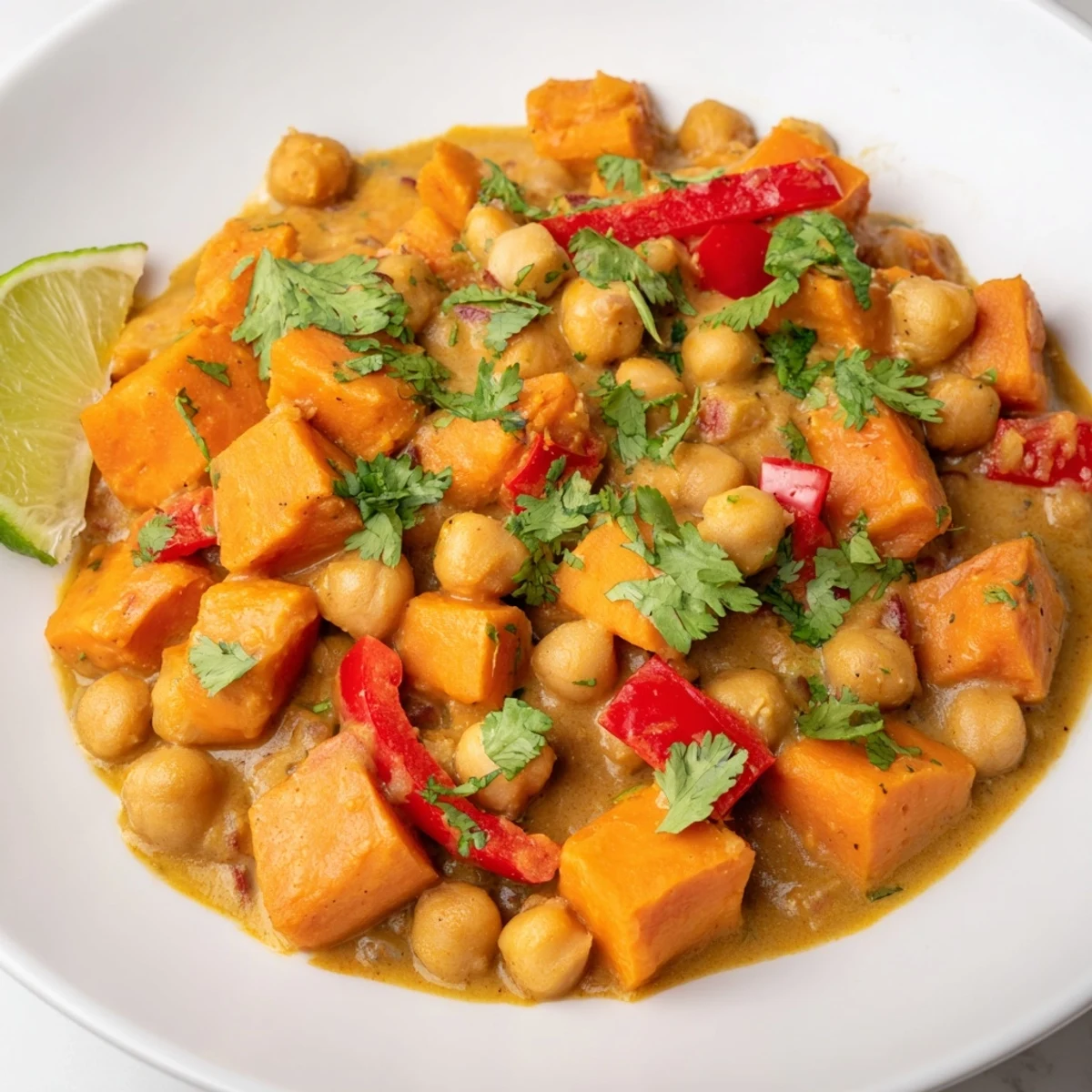 Golden chickpea and sweet potato curry garnished with lime wedges and red pepper