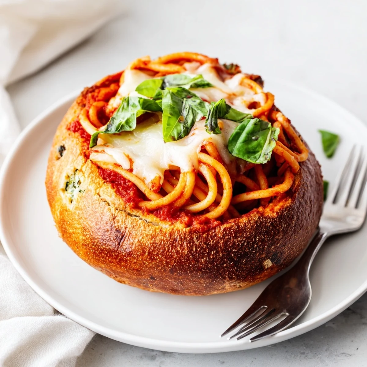 Golden crispy garlic bread bowls overflowing with spaghetti and rich marinara sauce