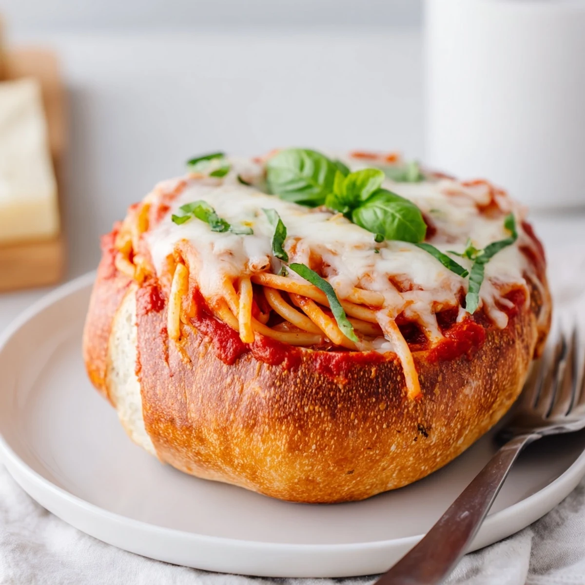 Individual garlic bread bowls filled with pasta and topped with melted mozzarella cheese