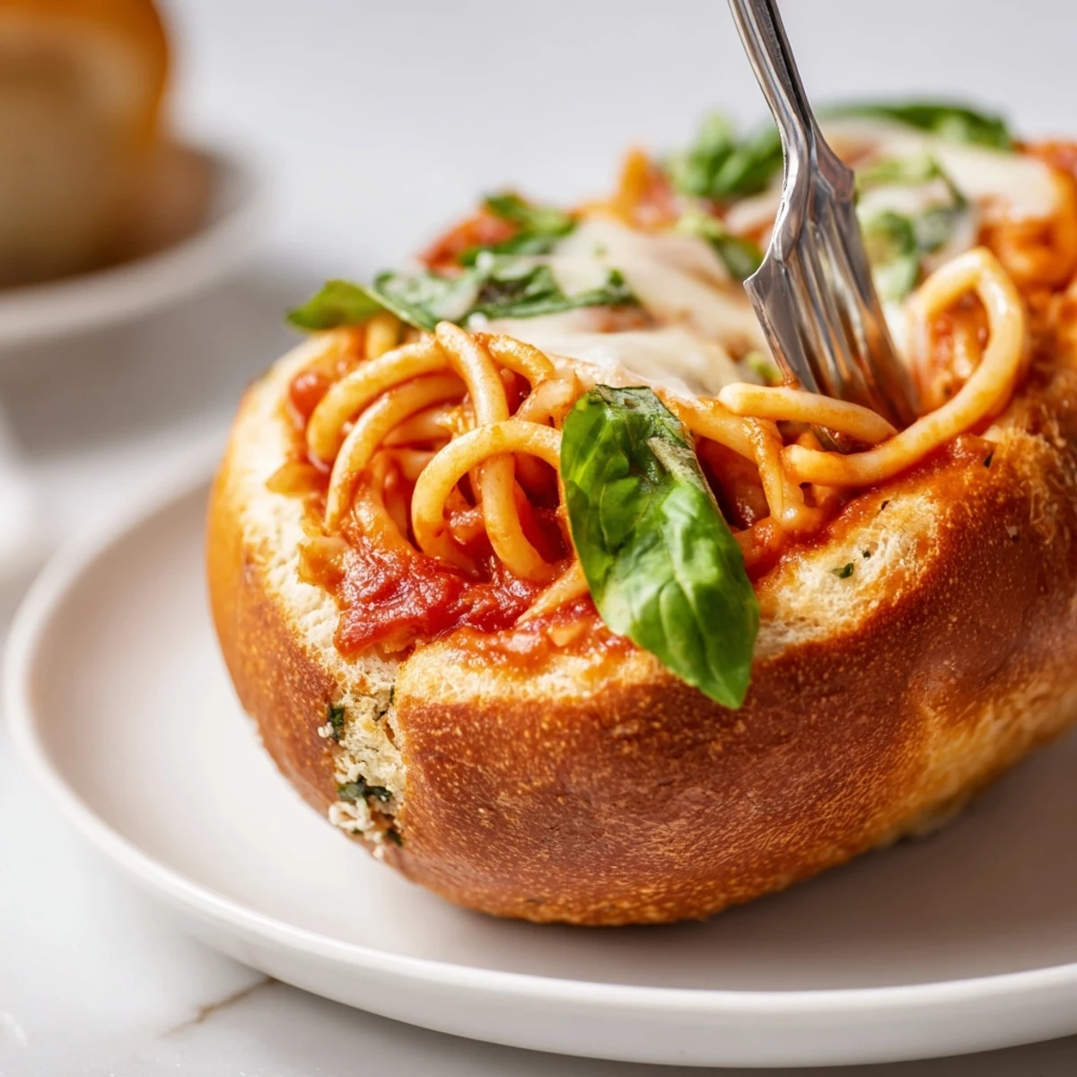 Homemade spaghetti served inside hollowed crispy bread bowls with fresh basil garnish