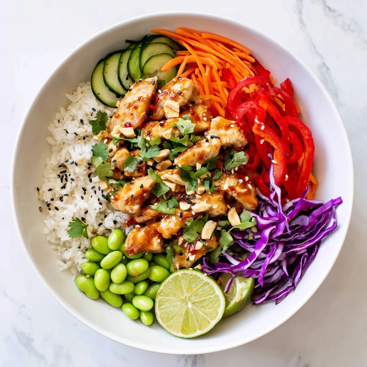 Vibrant bowl featuring sweet chili glazed chicken over fluffy rice surrounded by crisp red pepper cucumber and purple cabbage