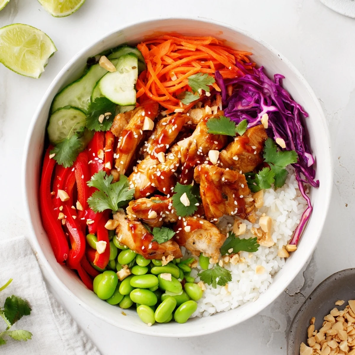 Golden glazed chicken sits atop jasmine rice in colorful Thai sweet chili chicken Buddha bowls with fresh vegetables