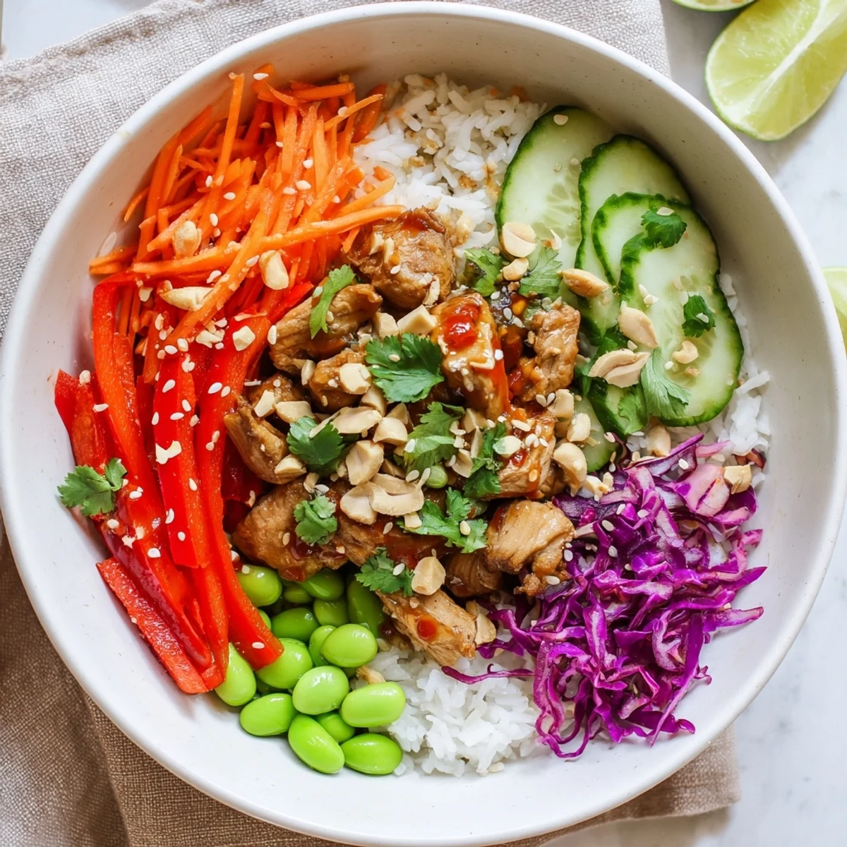 Thai sweet chili chicken Buddha bowl with tender saucy meat crisp veggies lime dressing and crunchy peanut garnish