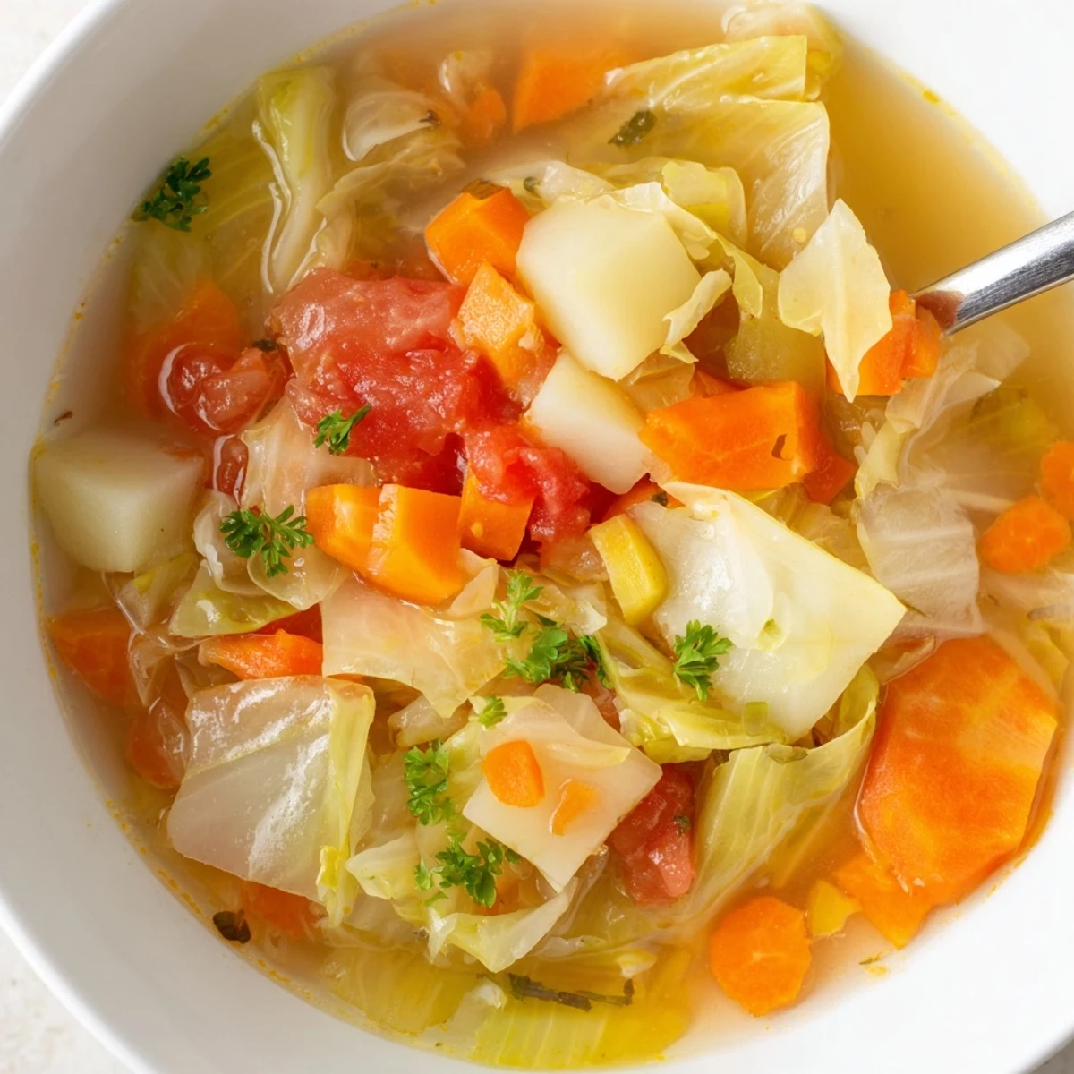 Steaming bowl of healthy cabbage soup with colorful vegetables and fresh parsley garnish on a wooden table