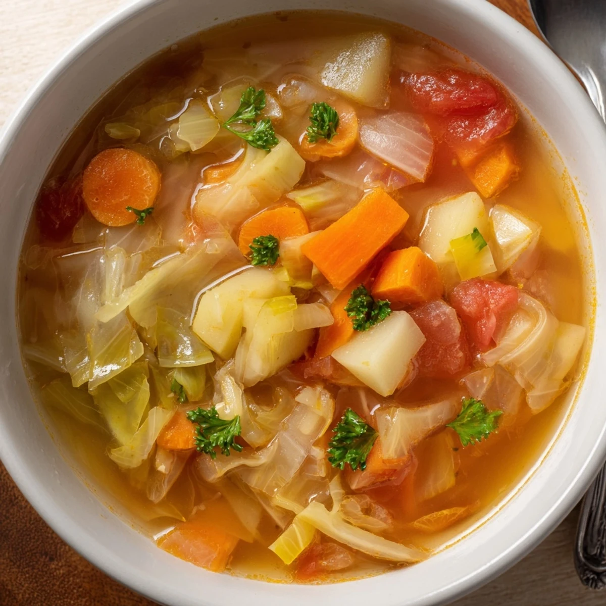 Hearty homemade cabbage soup filled with tender carrots, celery, and onions in a rich vegetable broth