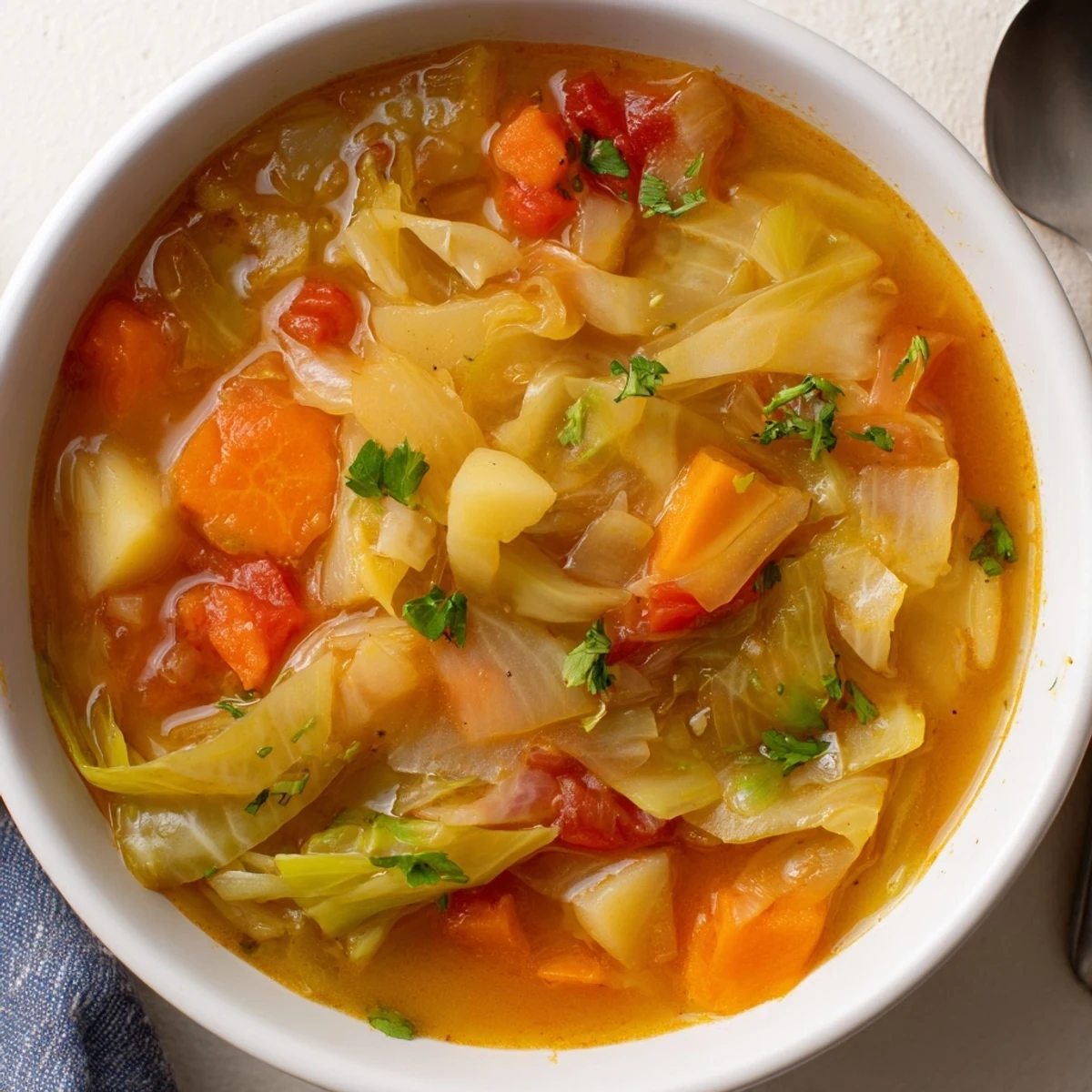 Comforting cabbage soup simmering in a white pot, ready to serve with crusty bread for a warming meal