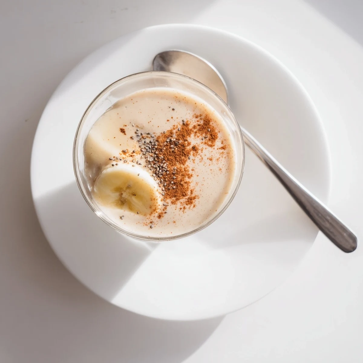 Frosty glass of Greek yogurt banana smoothie garnished with granola and banana wheels
