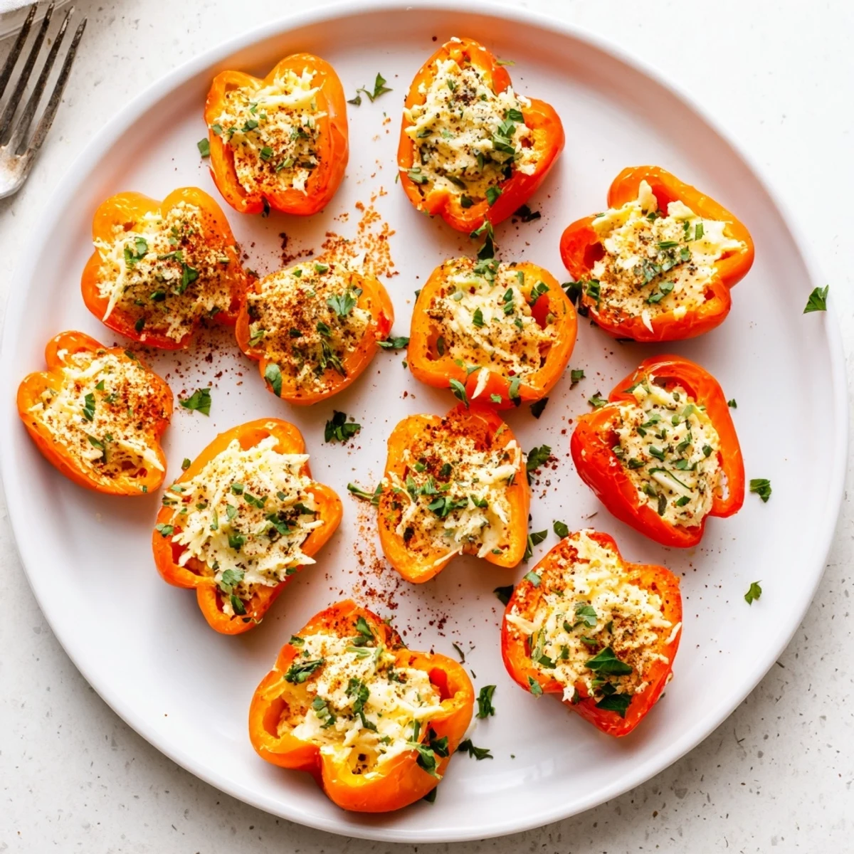 Colorful sweet pepper halves overflowing with savory herb cream cheese, air fried until golden