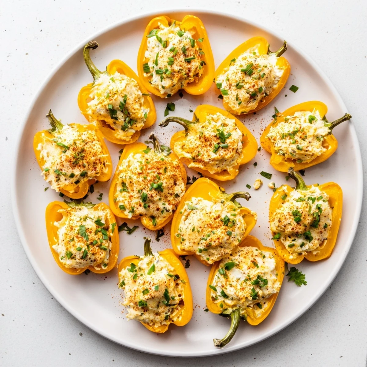 Vibrant stuffed mini peppers with three-cheese blend, air fried for a delicious warm appetizer