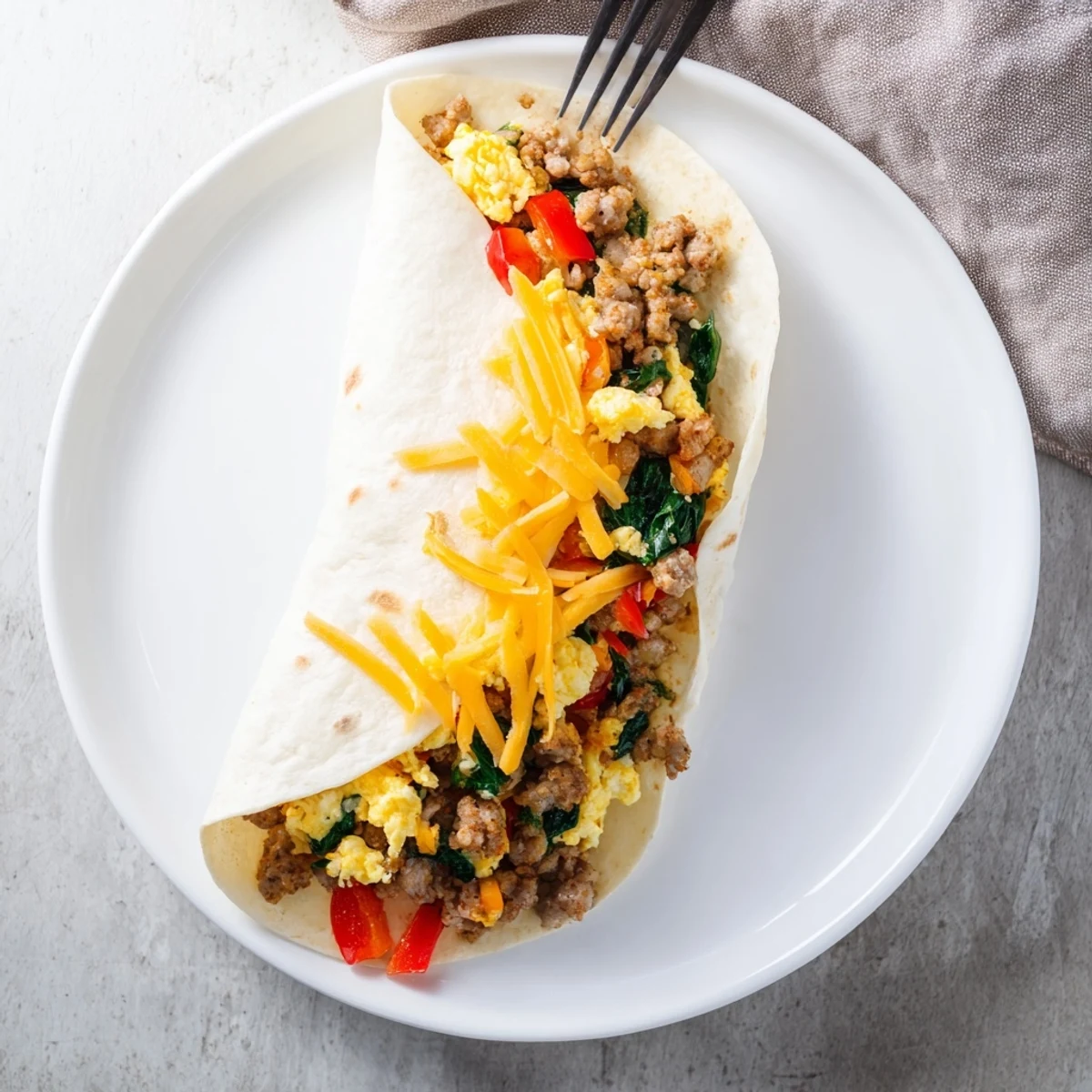 Golden make-ahead breakfast burritos filled with fluffy eggs, melty cheese, and savory sausage wrapped in warm flour tortillas