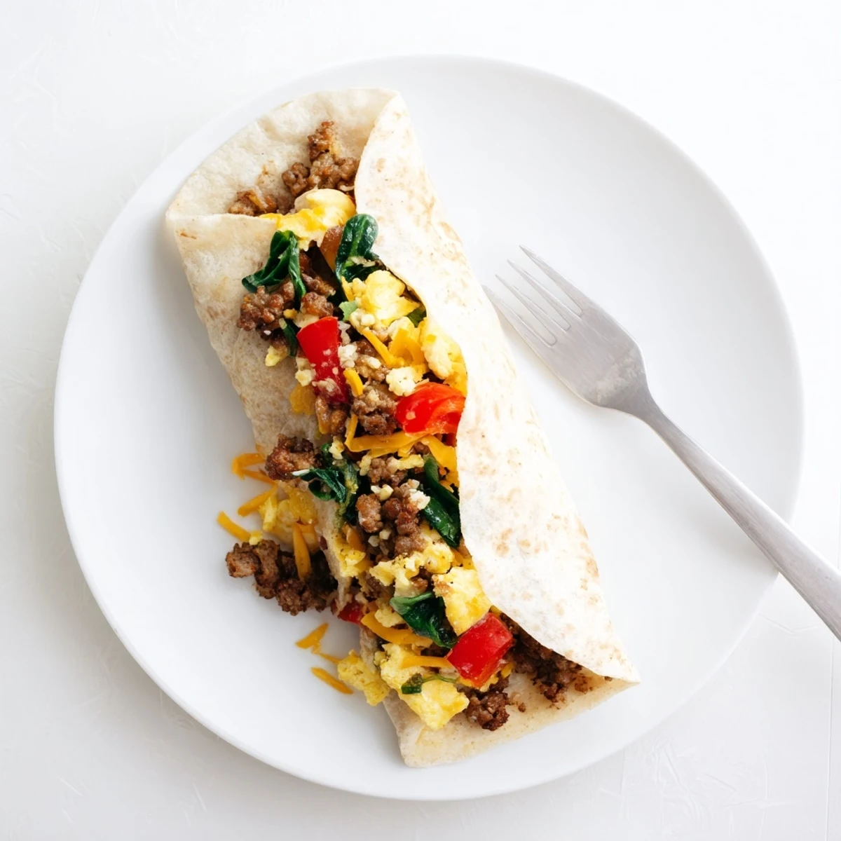 Homemade make-ahead breakfast burritos featuring seasoned eggs, vegetables, and sausage rolled into soft tortillas for easy grab-and-go breakfasts
