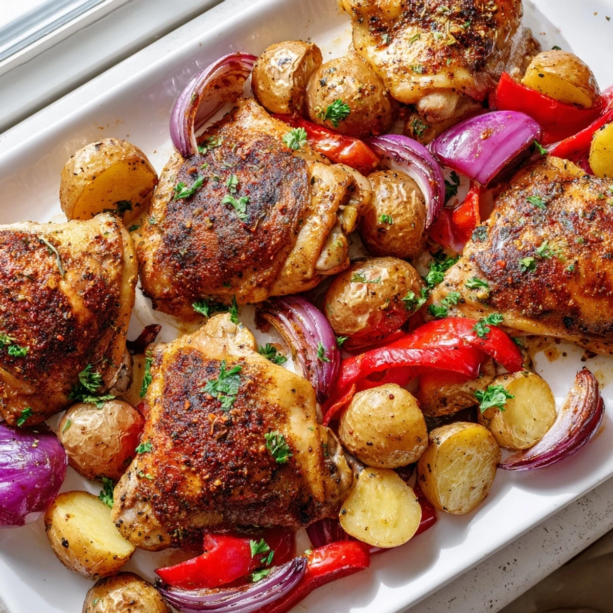 Golden sheet pan chicken and potatoes roasted with colorful vegetables and fresh herbs
