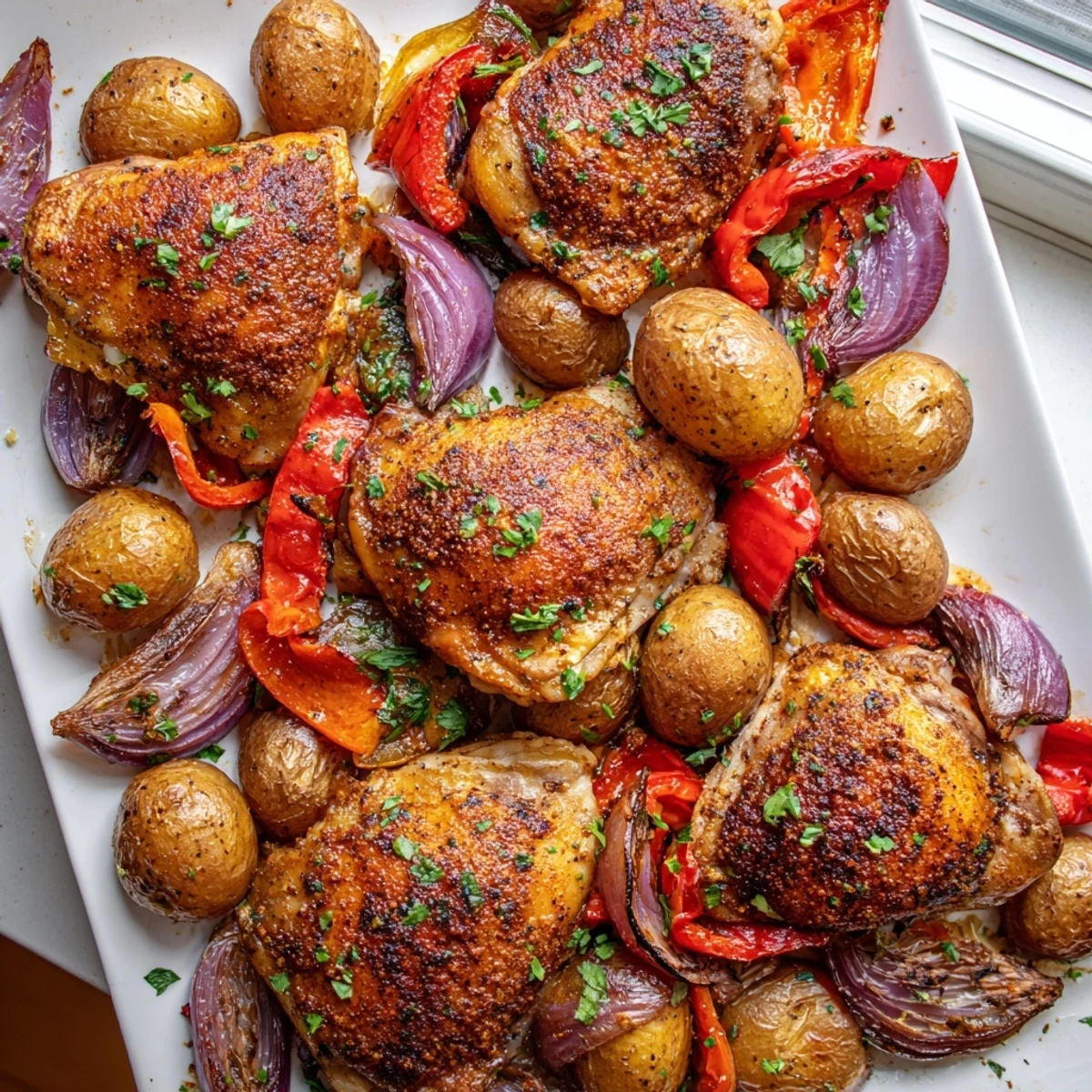 Crispy chicken thighs nestled alongside tender baby potatoes and bell pepper strips on a baking sheet