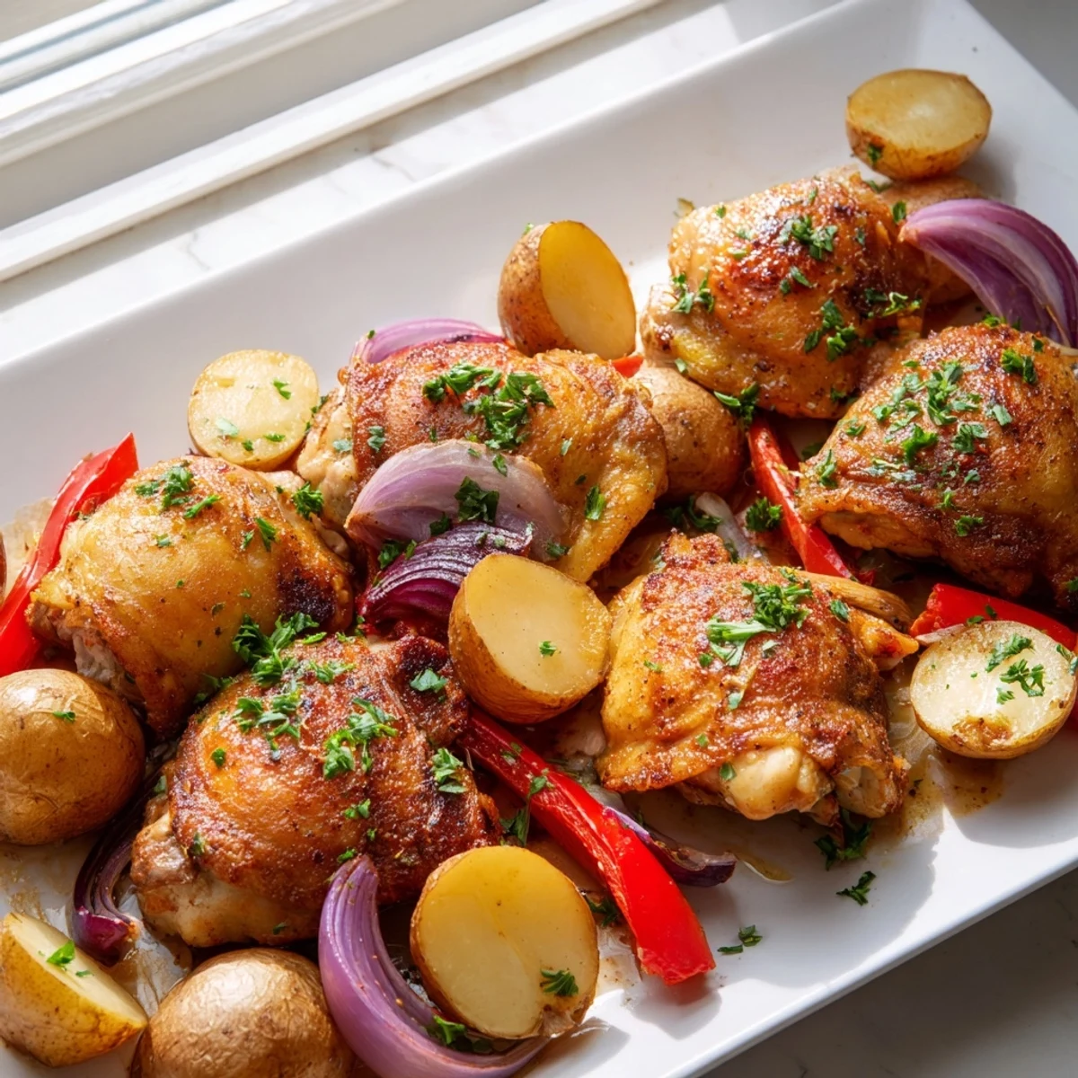 One-pan dinner featuring juicy roasted chicken thighs, caramelized potatoes, and aromatic vegetables