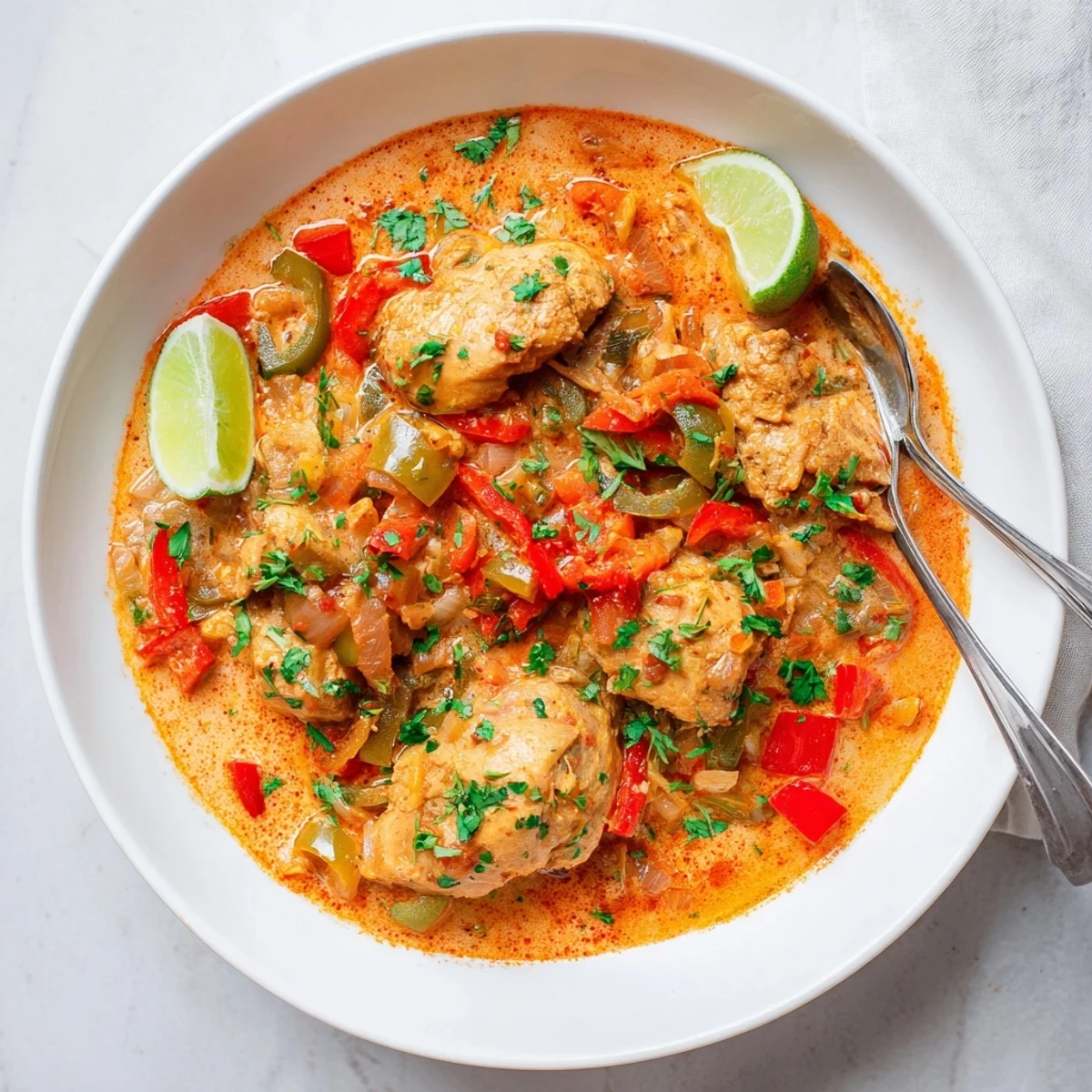 Golden chicken pieces swim in rich coconut sauce dotted with colorful bell peppers and fresh cilantro