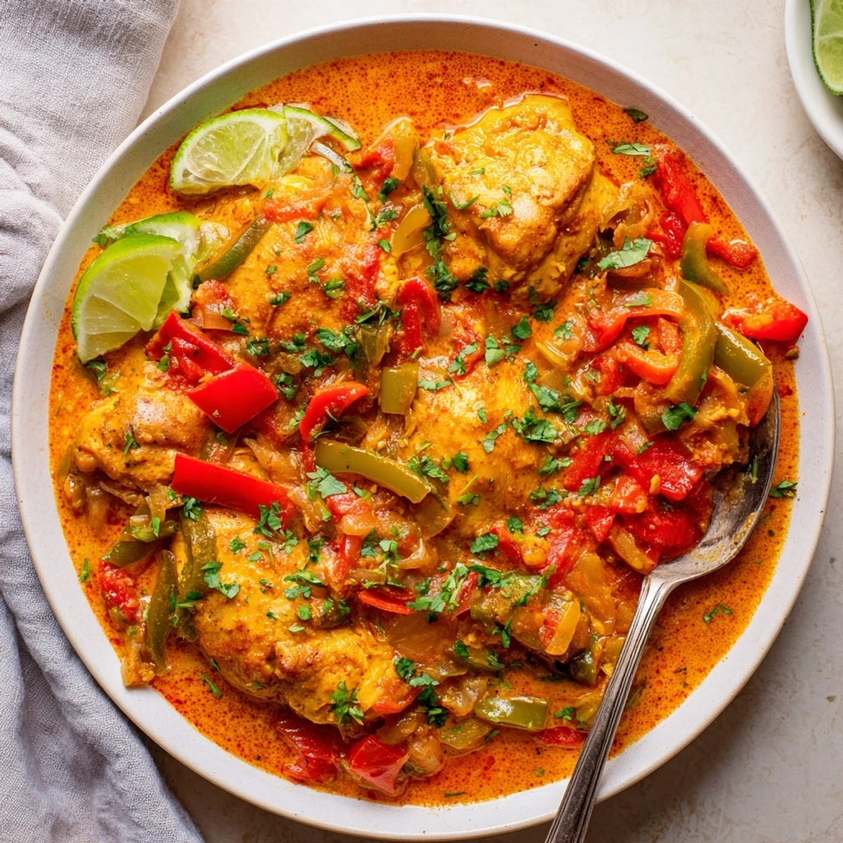 Spicy Brazilian coconut chicken simmered in creamy white sauce with vibrant red and green vegetables