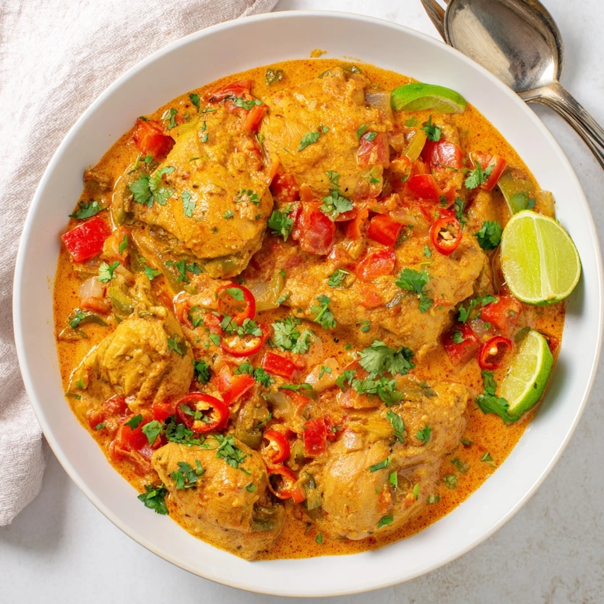 Tender chicken thighs in fragrant coconut milk sauce garnished with lime wedges and chopped herbs