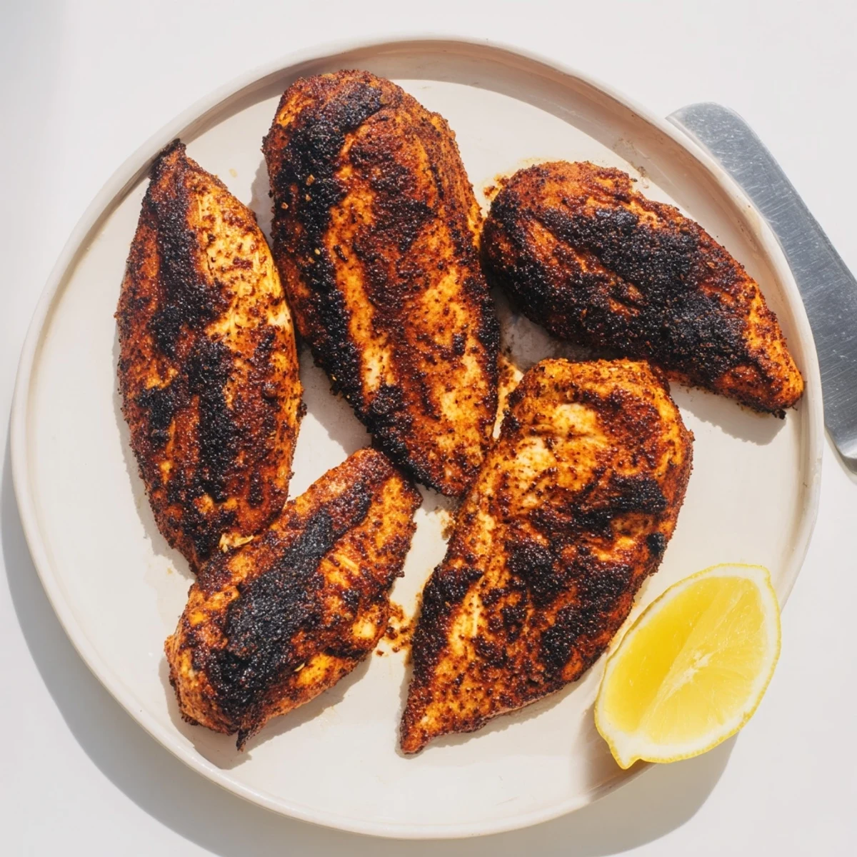 Golden blackened chicken breast with dark spicy crust seared in a hot cast iron skillet