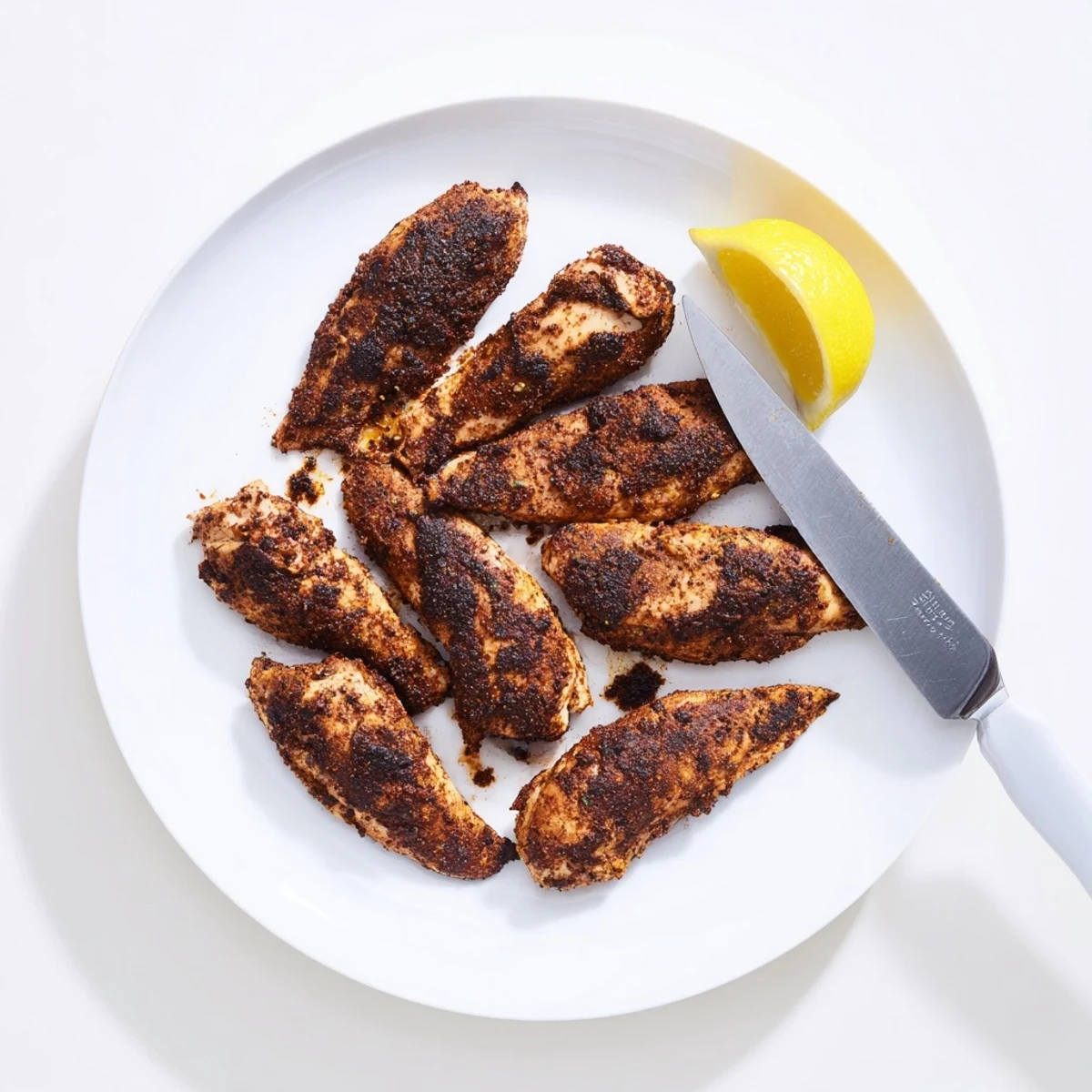 Juicy Cajun spiced chicken with smoky paprika coating served with fresh lemon wedges