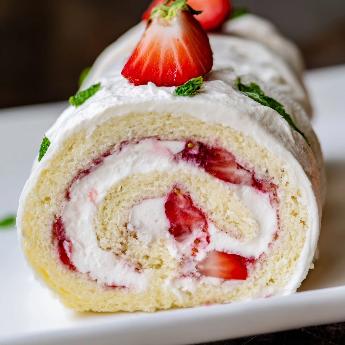 Playful strawberry shortcake sushi rolls featuring vanilla cake, fresh strawberries, and whipped cream arranged like elegant sushi pieces
