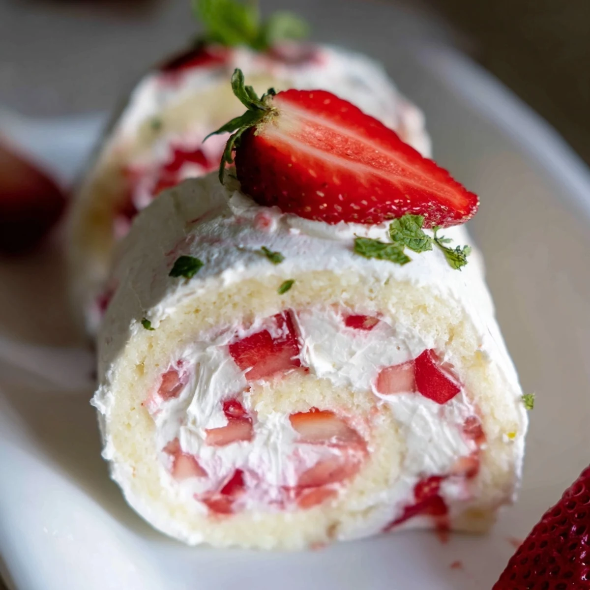 Dessert sushi with rolled vanilla cake, sweet diced strawberries, and fluffy whipped cream topped with strawberry slices
