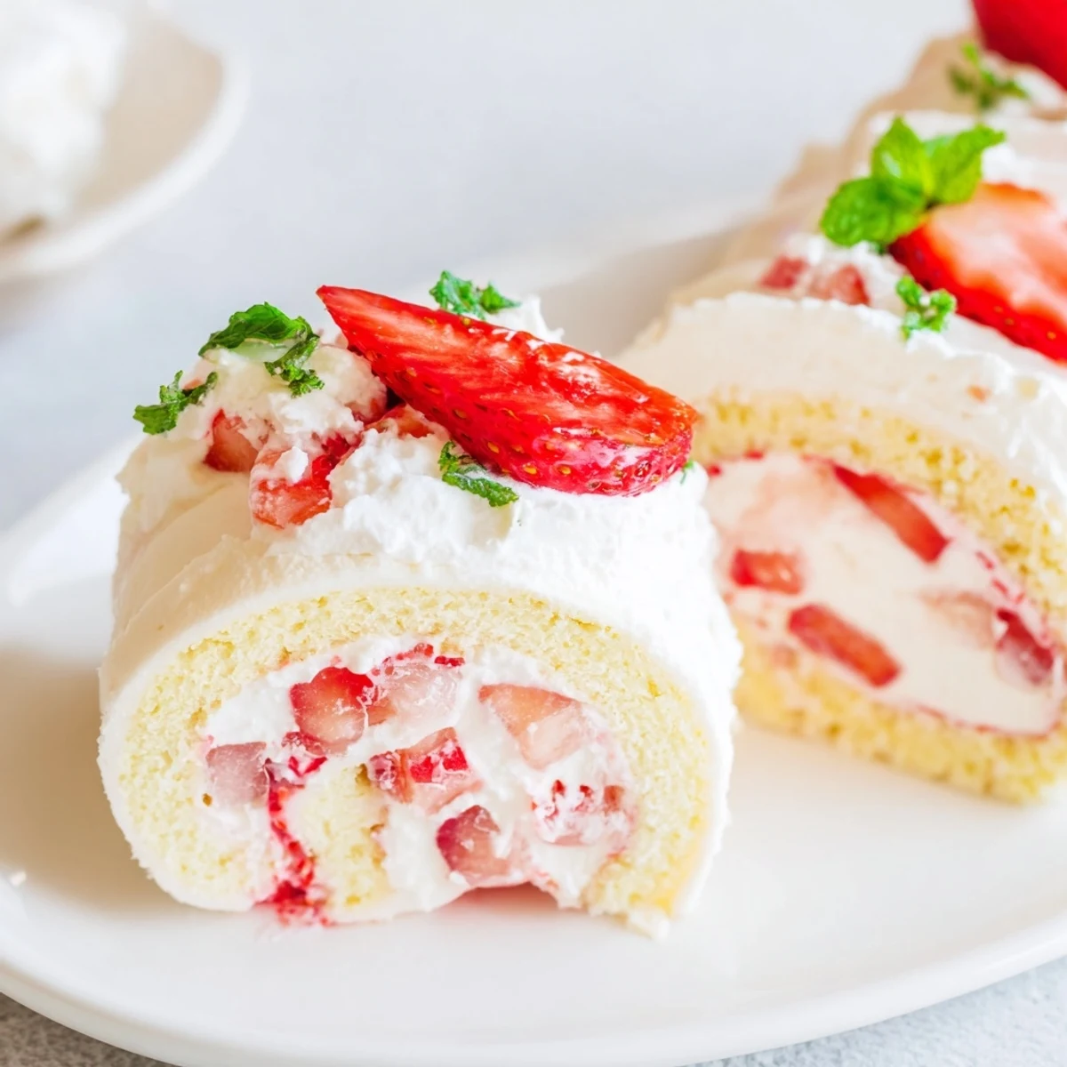 Whimsical strawberry shortcake sushi displaying soft sponge cake layers filled with fresh strawberries and cream, garnished with mint