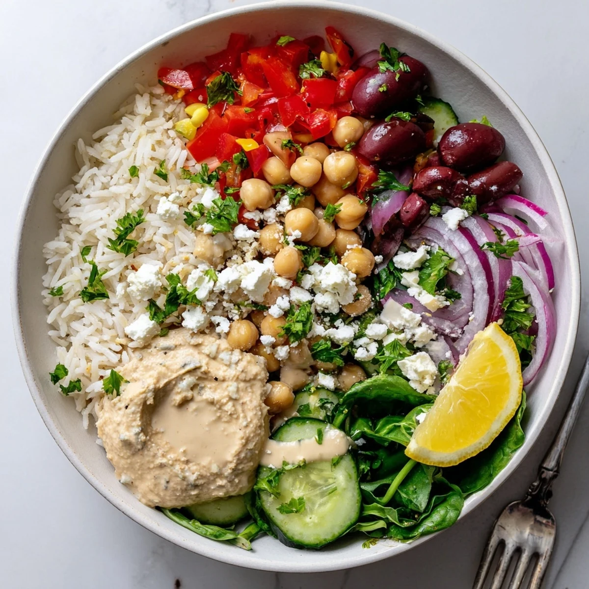 Golden Mediterranean rice bowl topped with colorful fresh vegetables, creamy hummus, and crumbled feta cheese