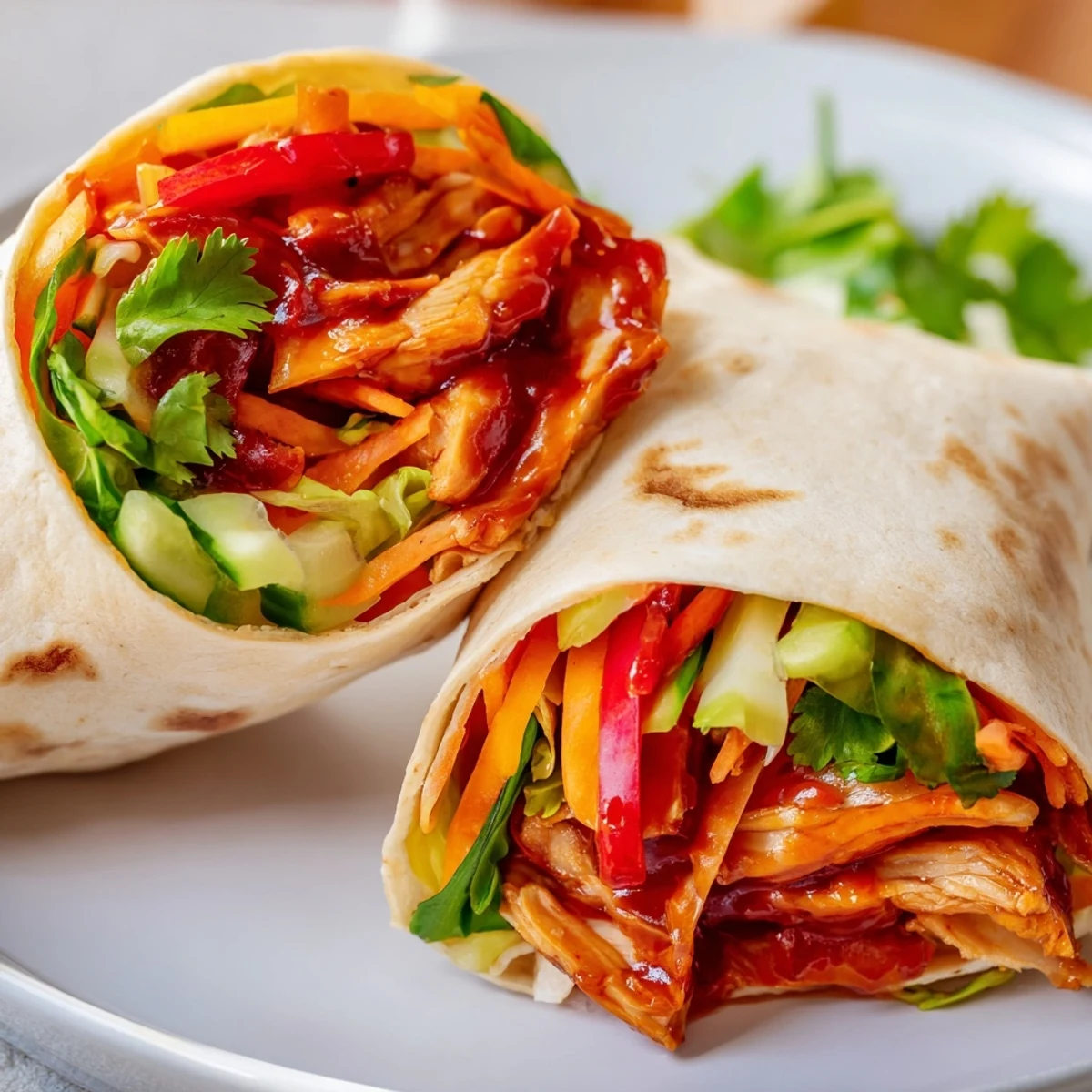 Homemade sweet chili chicken wraps feature tender marinated meat, crunchy julienned veggies, and zesty lime wedges