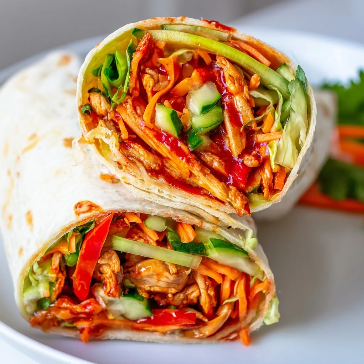 Golden sweet chili chicken wrapped in soft flour tortillas with crisp colorful vegetables and fresh cilantro garnish