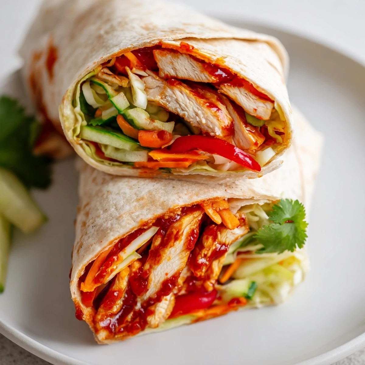 Easy Asian-inspired sweet chili chicken wraps rolled tightly with shredded lettuce and sliced red bell pepper
