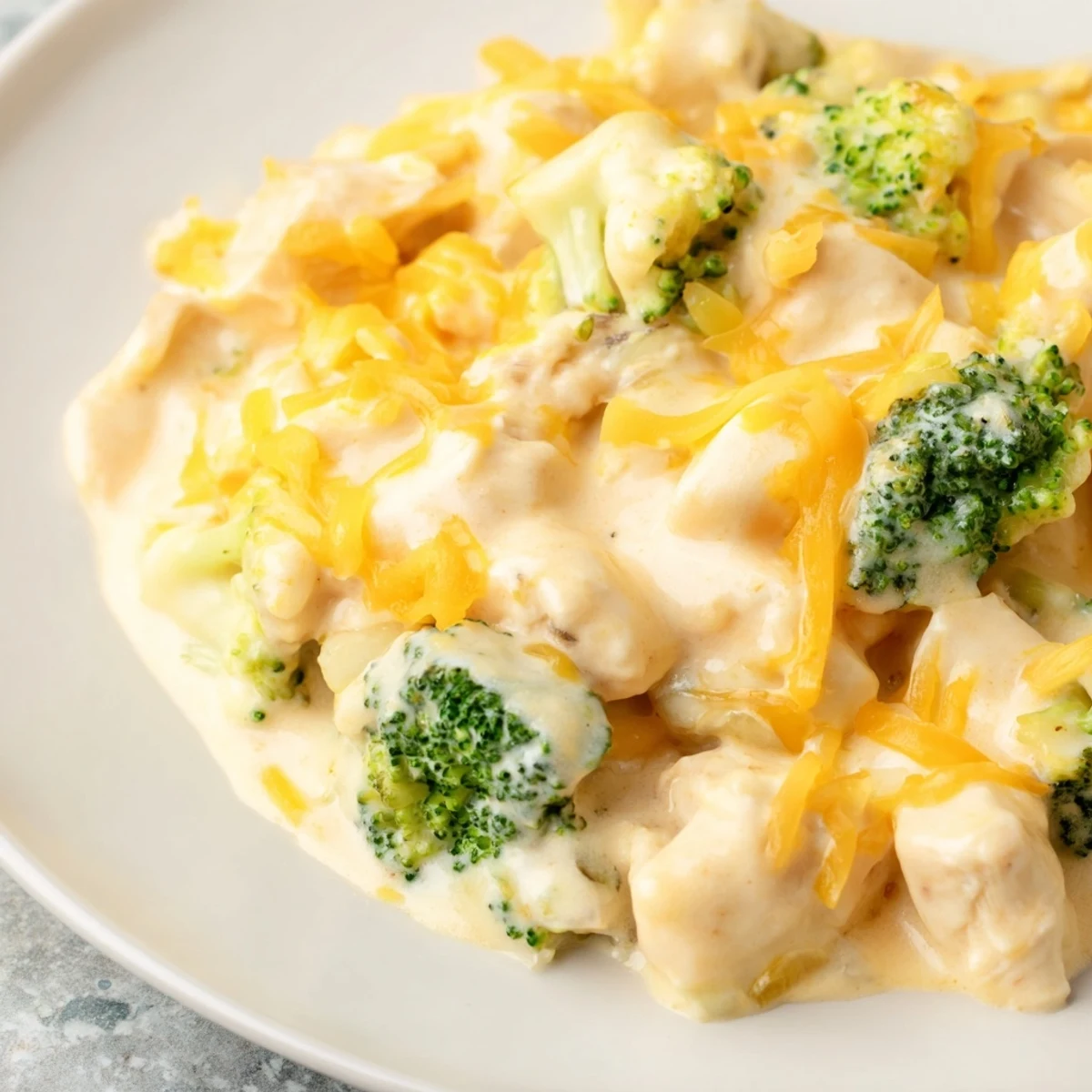 Rich and cheesy crockpot broccoli cheddar chicken served over rice with fresh green broccoli florets