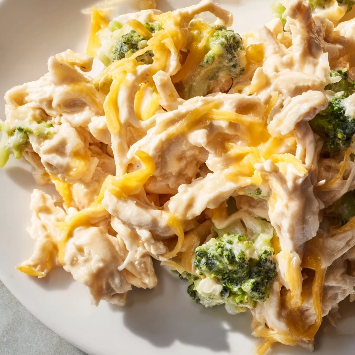 Creamy broccoli cheddar chicken slow-cooked in a crockpot with tender vegetables and melted cheese