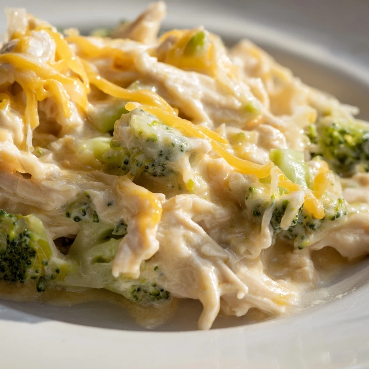 Spoonful of creamy broccoli cheddar chicken showcasing shredded chicken, broccoli pieces, and golden cheese sauce