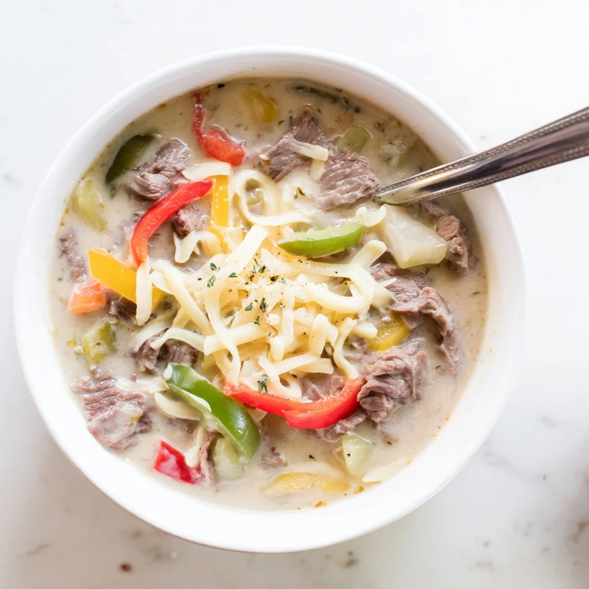 Creamy Philly cheesesteak soup topped with melted provolone and mozzarella cheese in a bowl