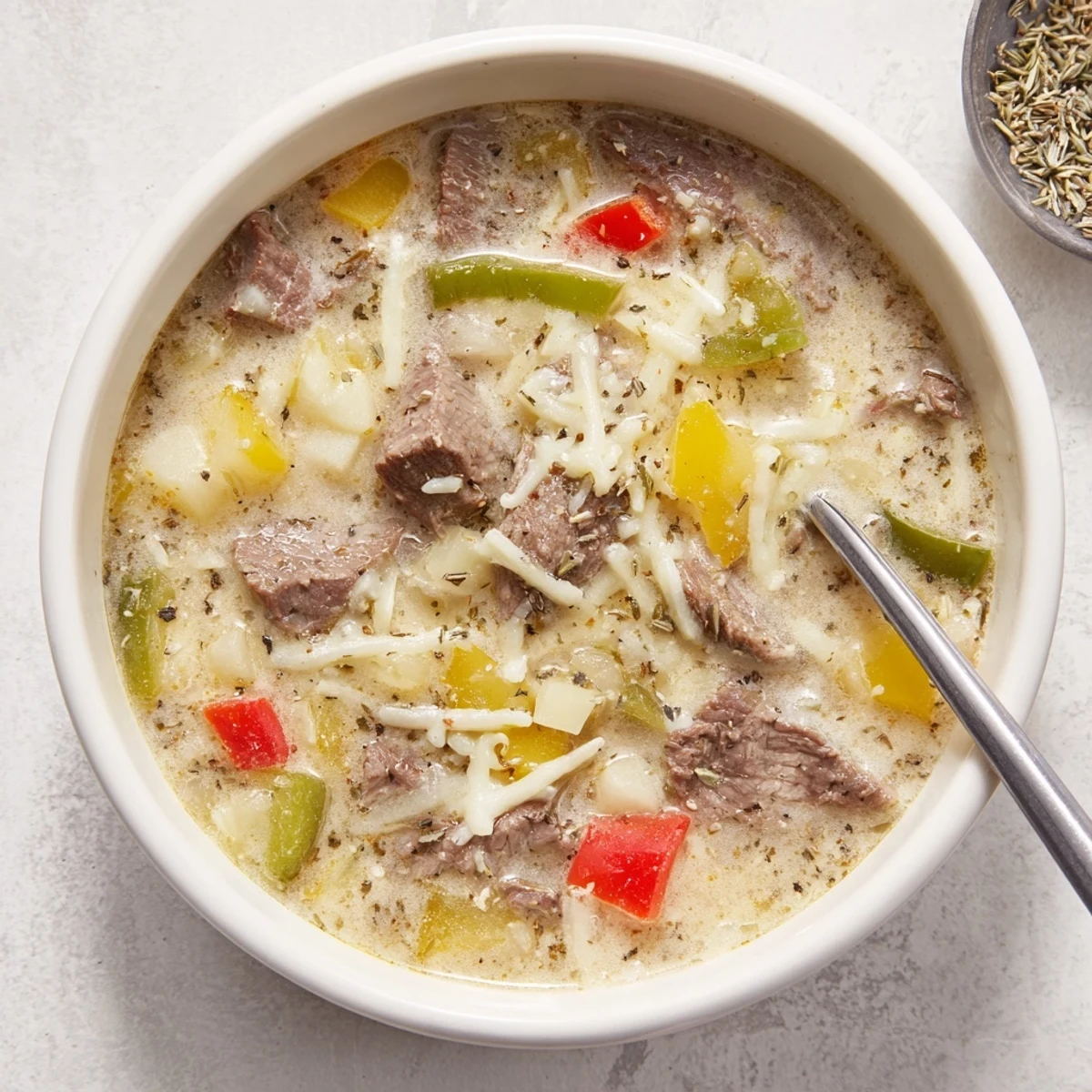Hearty beef soup with colorful sautéed peppers and onions swimming in rich cheesy broth