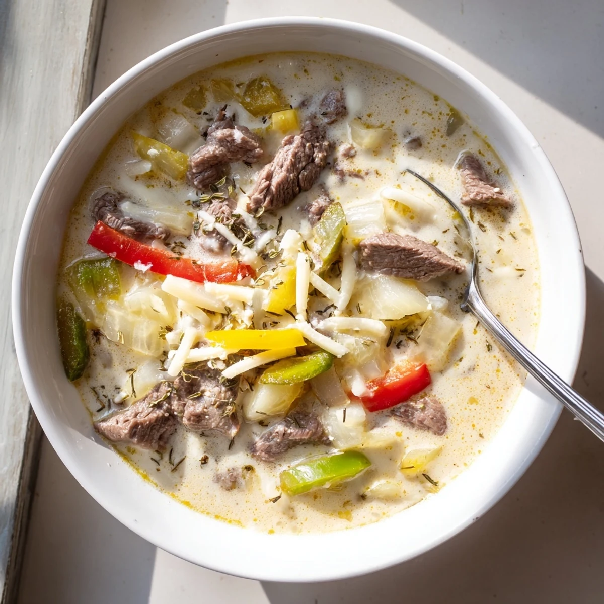 Steak and vegetable soup garnished with shredded cheese and served with crusty bread alongside