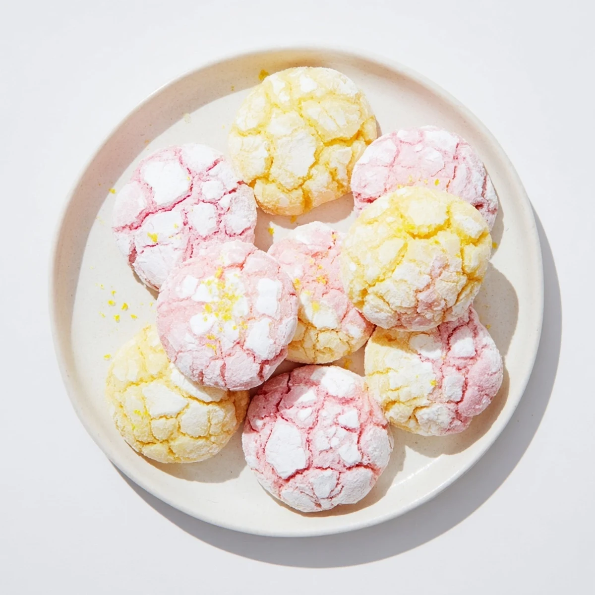 Soft pastel springtime crinkle cookies with cracked powdered sugar tops on a white plate
